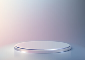 Poster - Minimalist 3D Podium with Iridescent Background, Featuring Lighting and Reflective Surfaces for Product Display, Mockup, and Showcase in Modern Design Concepts