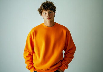 A young man wearing an orange sweatshirt, standing against a plain white background with his hands in his pockets.