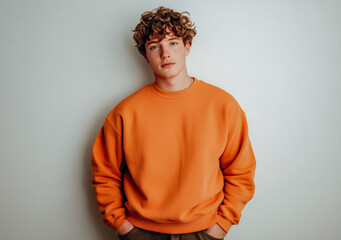 A young man wearing an orange sweatshirt, standing against a plain white background with his hands in his pockets.