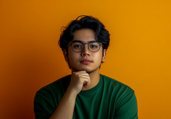 A young man wearing glasses and a green shirt is thinking with his hand on his chin against the background.