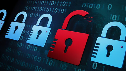 binary code lock, combination lock code. Digital padlock for computing system on a dark blue background, cyber security technology