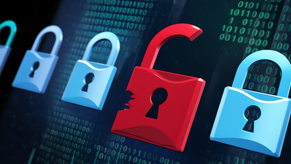 binary code lock, combination lock code. Digital padlock for computing system on a dark blue background, cyber security technology