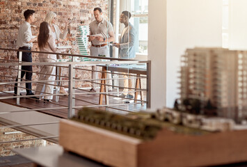 Poster - People, building model and architecture meeting in office for planning, urban development and creative with tech. Engineer team, discussion and 3D design in firm for property construction in industry