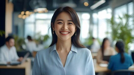 Wall Mural - Portrait of a smiling woman in a blue shirt in an office setting