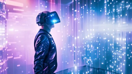 Poster - A person stands in front of a vibrant and vivid display, marveling at the colors and patterns, An immersive holographic technology environment