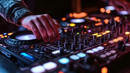 Professional DJ hand adjusting audio equipment, nightlife culture for music lovers, print for National DJ Day