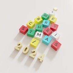 Fototapete - Christmas Tree Symbol made by colorful Computer keys cap on white color background. Minimal Happy new years idea concept flat lay. 3D Rendering
