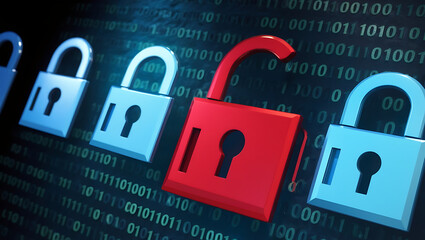  binary code lock, combination lock code. Digital padlock for computing system on a dark blue background, cyber security technology
