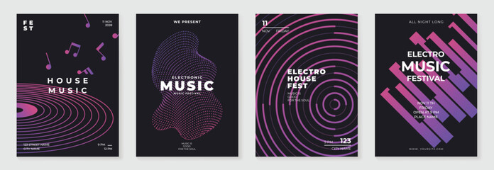 music poster design background vector set. electro sound cover template with vibrant abstract gradie