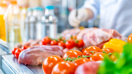 A chef is preparing fresh vegetables alongside quality cuts of meat. The vibrant colors of tomatoes and peppers are highlighted in a busy kitchen setting