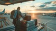 © aubriella - A baggage handler loading suitcases into a plane's cargo hold, with an airport runway and other planes visible, Aviation setting with ground crew activity