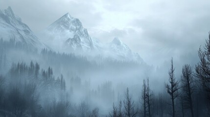 Poster - A dense fog envelops towering mountains as morning light struggles through the mist, revealing a serene landscape. The surrounding forest stands still, creating an atmosphere of calmness and mystery.
