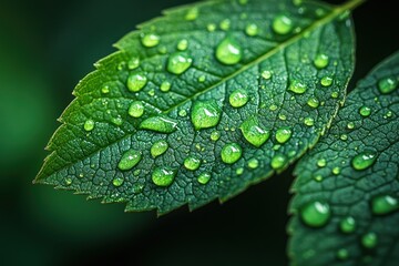 Wall Mural - A close-up view of a green leaf with dew drops.