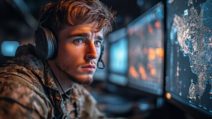 Fototapete - A young soldier focuses on several computer screens filled with data and maps, engaged in a crucial task at a military monitoring station during the night.