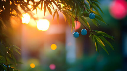 Wall Mural - Blue Ornaments Hanging from a Branch in the Evening Sun