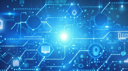 Poster - A Video featuring a blue background adorned with a multitude of icons, Background showing internet of things connection across various devices