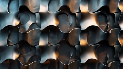 Poster - abstract background with interlocking shapes in metallic finishes.
