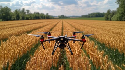 A drone hovers above a vast field of golden wheat, capturing aerial data in a rural landscape under a clear blue sky. The lush greenery surrounds the farmland.