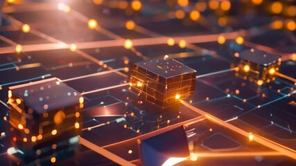 Poster - A group of cubes with colorful glowing lights on them, creating an eye-catching display, Blockchain system visualized as interconnected blocks