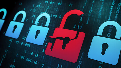  binary code lock, combination lock code. Digital padlock for computing system on a dark blue background, cyber security technology