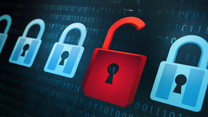  binary code lock, combination lock code. Digital padlock for computing system on a dark blue background, cyber security technology