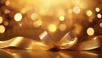 A golden bow with a sparkly texture lies on a soft golden background with bokeh lights