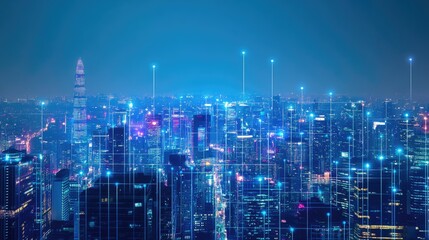 Poster - Futuristic city skyline featuring advanced wireless connectivity and innovative communication technology