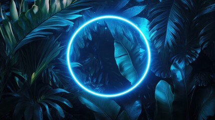 Poster - Blue neon light circle on a backdrop of lush green jungle leaves