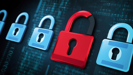  binary code lock, combination lock code. Digital padlock for computing system on a dark blue background, cyber security technology
