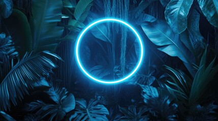 Poster - Blue neon light circle on a backdrop of lush green jungle leaves