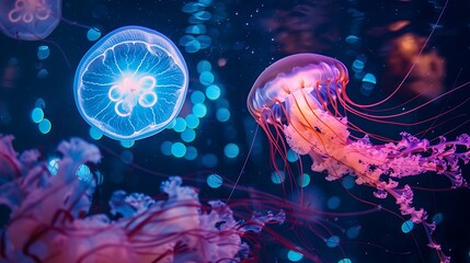 Wall Mural - A light ball and a jellyfish twirling in a bioluminescent ocean