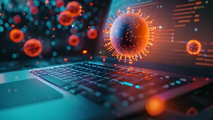 Fototapete - A detailed view of a laptop computer placed on a desk, Computer virus being stopped by antivirus software