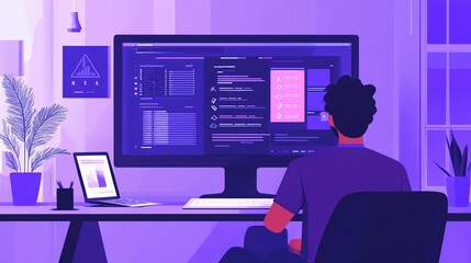 Person coding at modern computer setup