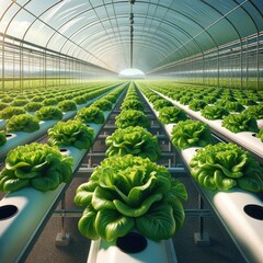 High-Precision Hydroponic Greenhouse with Lush Lettuce Rows Showcasing Sustainable Farming Techniques and Advanced Agricultural Technology in Sunlit Environment