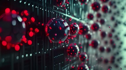 Poster - A computer screen displaying a collection of red and blue balls, Conceptual Video of computer virus attacking a system