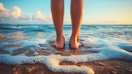 Wall Mural - feet on the sandy beach with water. perfect for a travel or vacation blog post.