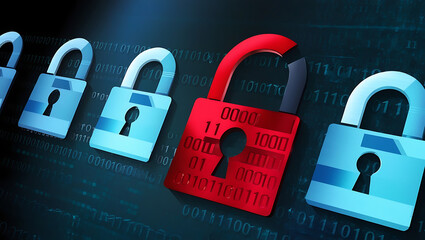  binary code lock, combination lock code. Digital padlock for computing system on a dark blue background, cyber security technology