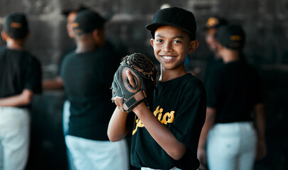 Sticker - Portrait, boy and happy as baseball player at field for match, tournament and challenge in California. Male person, kid and smile or satisfied with confidence for practice, training and sports