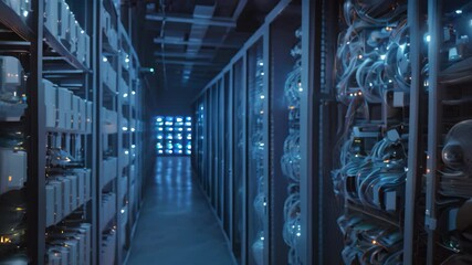 Poster - a video showing rows of servers in a large data center, busy with activity and technology, cryptocur