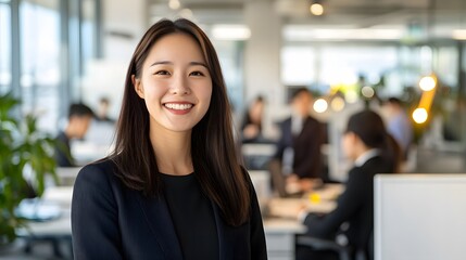 Wall Mural - Smiling Businesswoman in a Modern Office Setting