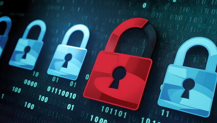  binary code lock, combination lock code. Digital padlock for computing system on a dark blue background, cyber security technology
