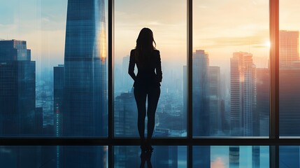 Wall Mural - Silhouette of a Woman Looking Out a Window at a City Skyline During Sunset