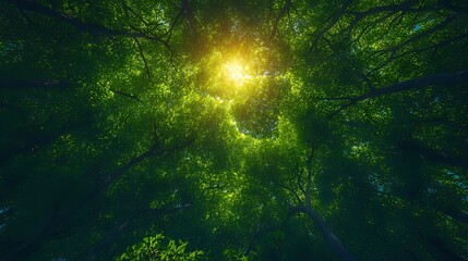 Wall Mural - A low angle view of a canopy of green leaves with the sun shining through.