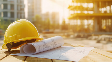 Wall Mural - Yellow safety helmet and blueprints on construction site table with building in background