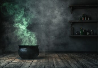 Halloween magic pot with green smoke on wooden table.