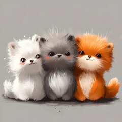 Adorable and Mischievous Trio of Fluffy Plush Animal Figures on Gray Background