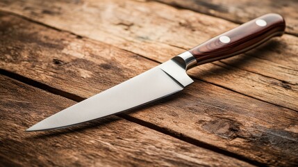Professional kitchen knife with a wooden handle on a rustic wood butcher block, sharp blade gleaming in detail