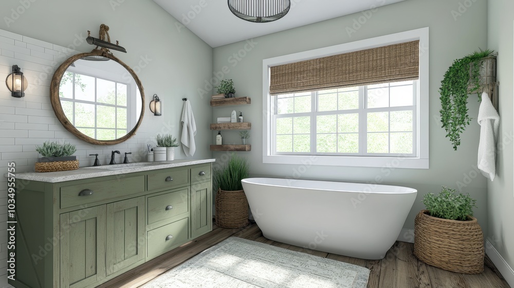 Rustic farmhouse bathroom design with sage green cabinetry, wood vanity ...