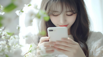 Poster - Woman Using Smartphone in a Garden with White Flowers - A Day of Relaxation and Connection