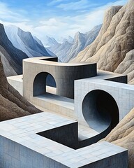 Wall Mural - Surreal geometric landscapes exploring the harmony between nature and abstract architecture in a majestic mountain setting